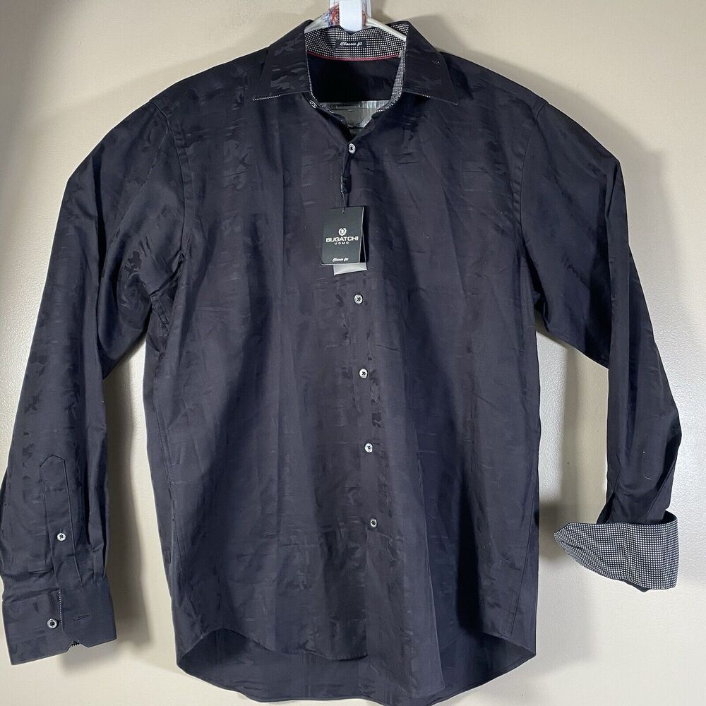 Bugatchi Men's Shirt Medium Black Camo Button Up Designer Dress Flip Cuff NWT